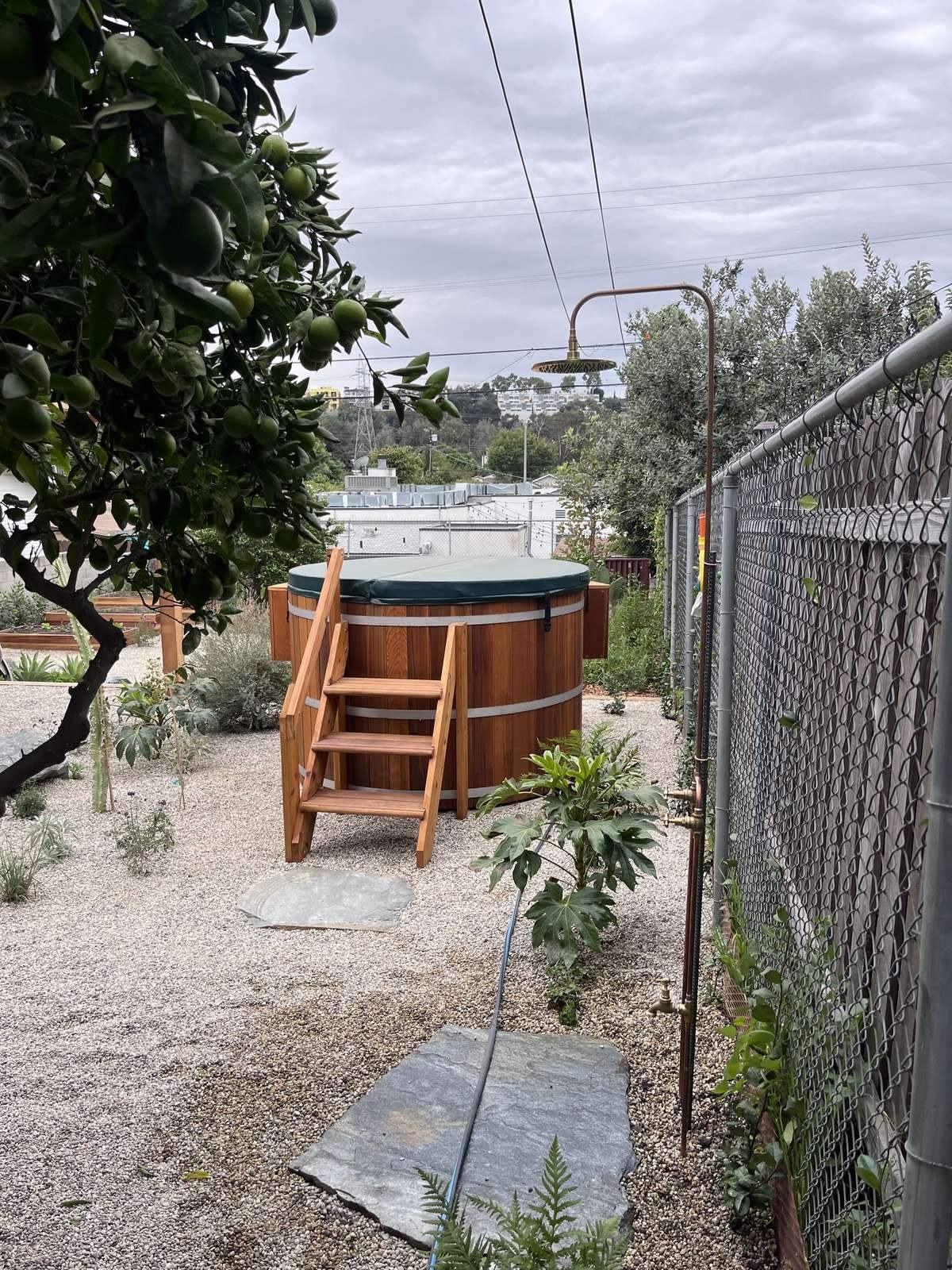 Cedar soaking tub with steps in St. Helena